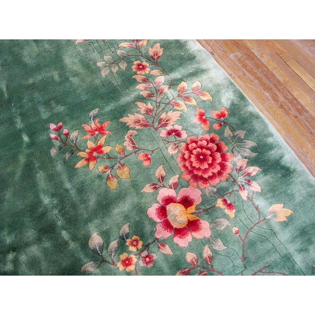 1920s Green Floral Hand Knotted Antique Chinese Art Deco Rug 7'9" X 9'6" Wool Carpet For Sale - Image 4 of 5
