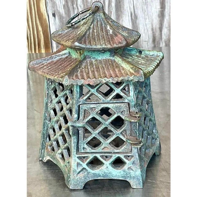 Ebony Vintage Asian Wrought Iron Pagoda Lantern For Sale - Image 8 of 12