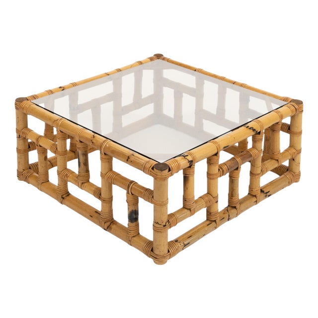 Mid-Century Coffee Table in Bamboo, Rattan and Glass attributed to Vivai del Sud, Italy, 1970s For Sale