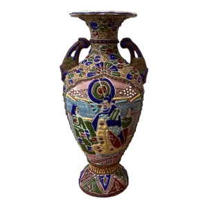 Vintage Japanese Satsuma Moriage Enamel Handmade Hand-Painted Baluster Urn Vase