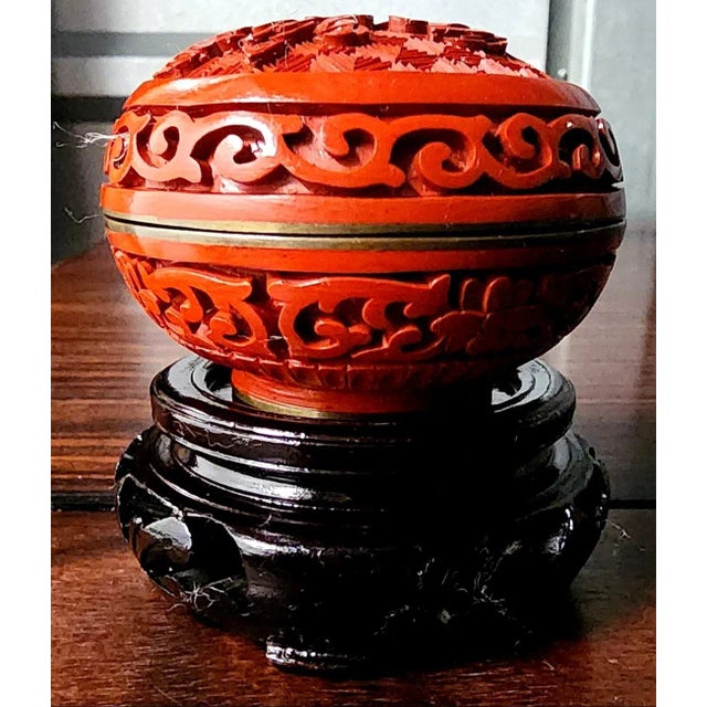 Brick Red Chinese Red Cinnabar Fine Lacquer Round Box on Ebony Wood Pedestal For Sale - Image 8 of 11