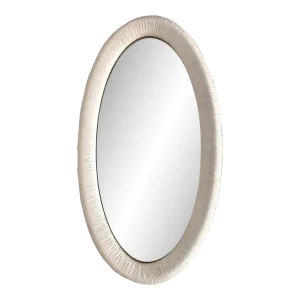 Large 1980s Modernist Hollywood Regency Framed Rattan Style White Oval Wall Mirror, Made in Usa North Carolina