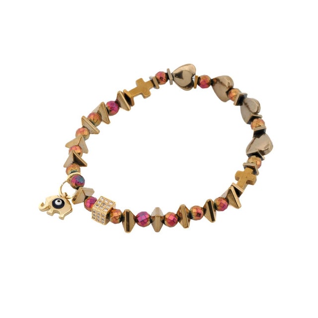 Metal Multicolor Hematite Stone Protective Evil Eye Lucky Elephant Bracelet Set For Sale - Image 7 of 11