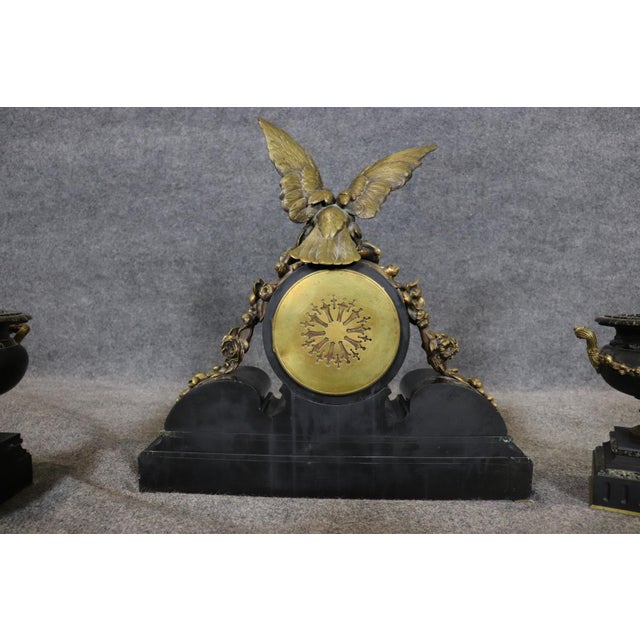 Beautiful Quality Marble and Bronze Signed Three Piece 1920s Era Clock Set For Sale - Image 13 of 18