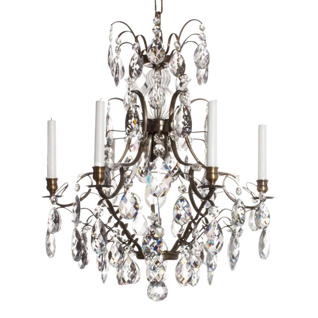 Baroque Style Light Brass Plated 6 Arm Chandelier With Almond Crystals For Sale