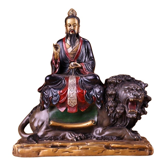 Late 19th Century Polychrome Bronze Taiyi Zhenren Statue on Lion, 4.3kg For Sale