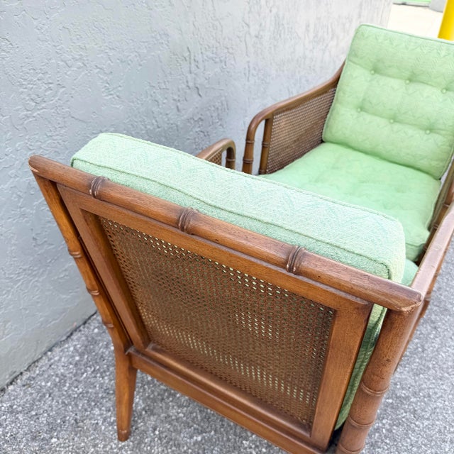 Wood Vintage Hollywood Regency Faux Bamboo and Cane Green Tufted Lounge Chairs For Sale - Image 7 of 12
