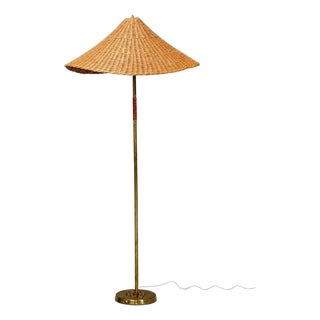 V. Soini Oy, Rare Floor Lamp, Brass, Leather, Rattan, Finland, 1950s For Sale