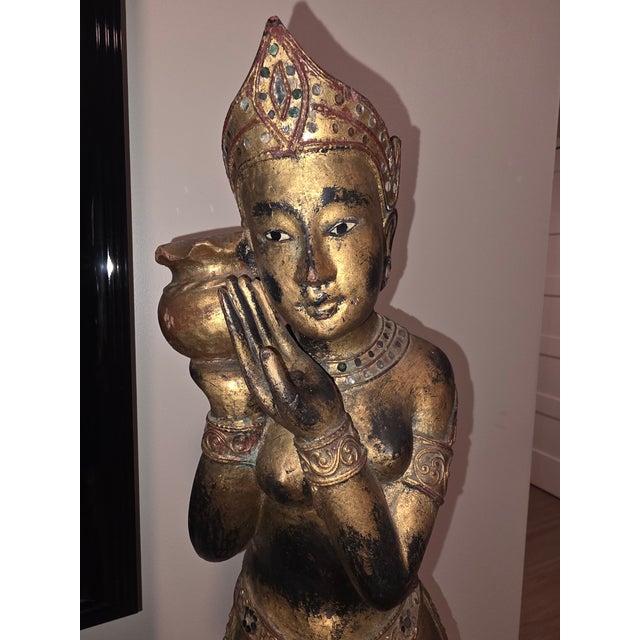 1960s Monumental 29.5-Inch Gilded Balinese Celestial Devata Offering Maiden With Mirror Inlays For Sale In Phoenix - Image 6 of 12