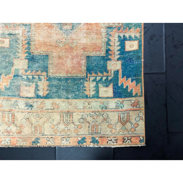 Turkish Oushak Peach and Teal Pastel Handmade Runner Rug - 2′9″ × 11′7″ For Sale - Image 10 of 11