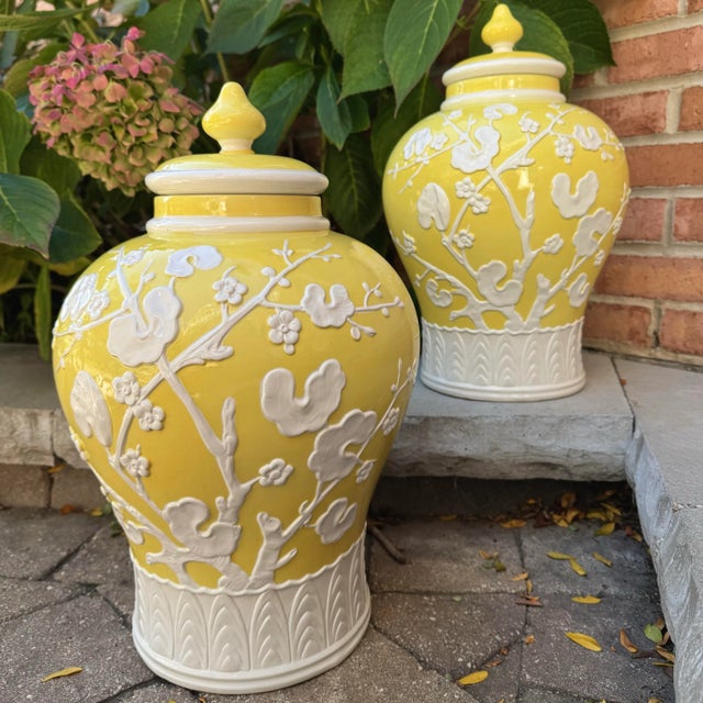 Chinoiserie Mid 20th Century Italian Chinoiserie Yellow Prunus Relief Ginger Jars - A Pair For Sale - Image 3 of 12