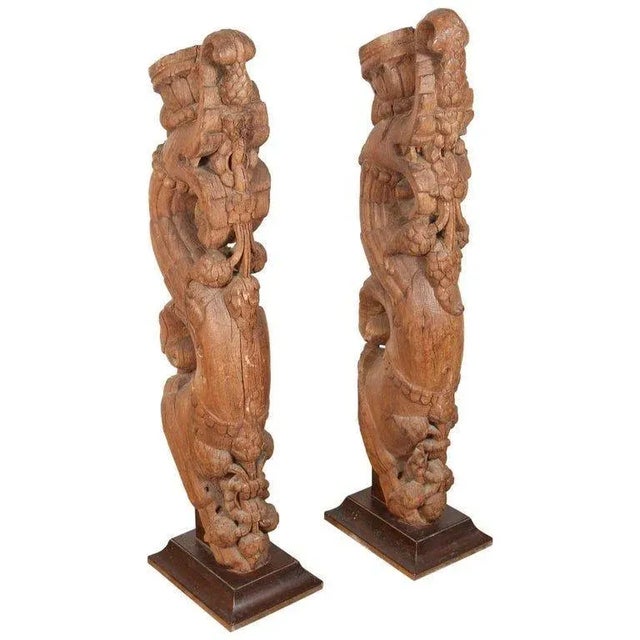 Pair of Antique Indian Carved Wood Architectural Temple Fragments on Stands For Sale - Image 15 of 15