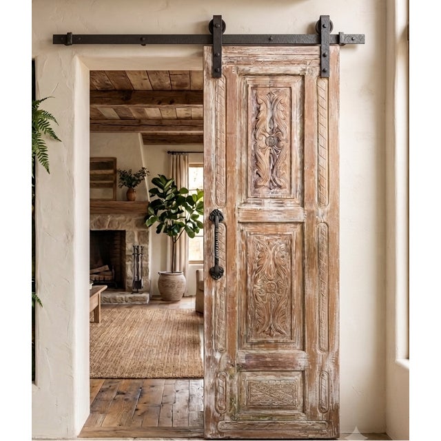 1920s Antique Carved Wood Entry Door, Whitewashed Floral Farmhouse Statement Door 96x31.5 For Sale - Image 5 of 5