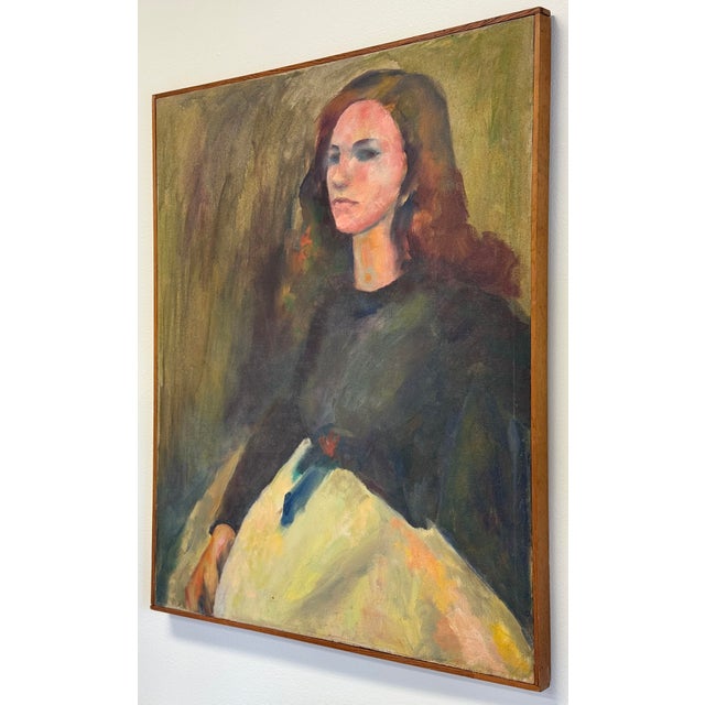 A warm, expressive canvas portrait painting depicting a female subject in quiet reflection, rendered in a soft palette of...