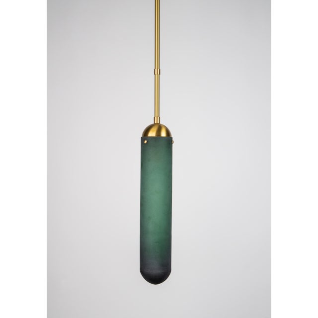 Midcentury style Pendant, Satin Brass, Gently brushed and lacquered brass, Emerald Hand crafted glass, Adjustable Height,...