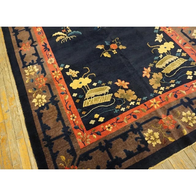 1920s Blueu Navy Vase Floral Antique Peking Rug 6' 0'' X11' 8'' Handknotted Wool Carpet For Sale - Image 10 of 13