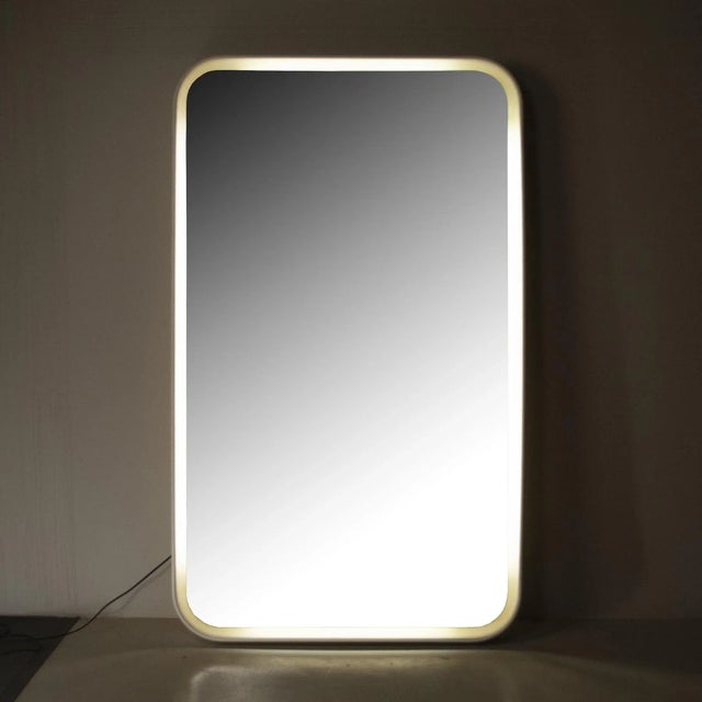 White Backlit Mirror with Curved Wooden Frame For Sale - Image 8 of 15
