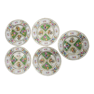 Early 20th Century Set of 5 Dresden Schumann Bavaria Quatrefoil Watteau Courting Scene Plates – 11”, Hand-Painted Floral & Gilt, Collector Grade