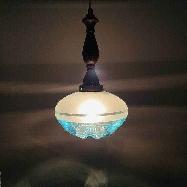 Mid-Century Modern Agua Blue Art Glass Pendant Light in Teak, 1960s For Sale - Image 6 of 11