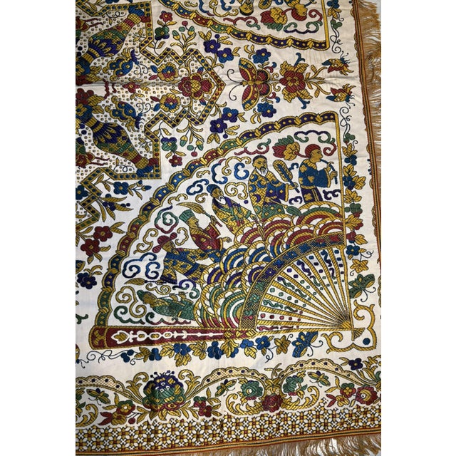 Chinoiserie Vintage Gold Brocade Silk Blend Chinoiserie Fringe Tablecloth or Tapestry 55 X 49 For Sale - Image 3 of 17