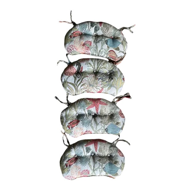 Set of 4 Vintage Custom Tie-On Ocean Theme Upholstery Fabric Tufted Chair-Back Cushions For Sale