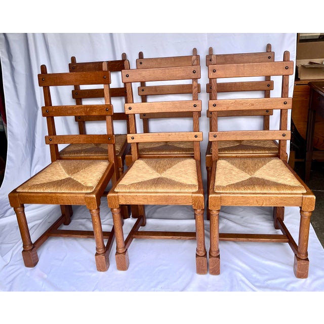 Vintage 1950s French Oak Ladder-Back Rush Seat Chairs - Set of 6 For Sale - Image 4 of 16