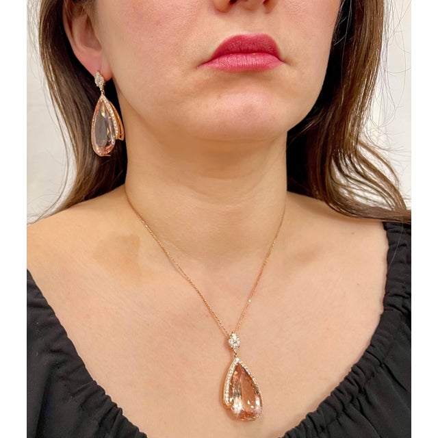 Approximately 200 Carat Natural Morganite & Diamond Cocktail Earring And Pendant Set perfect pair made in 18 Karat Pink...