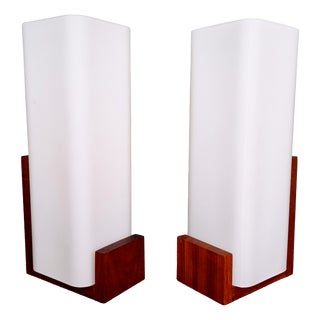 Teak and Satin White Opaline Wall Lights by Louis Kalff for Philips, 1960s, Set of 2 For Sale