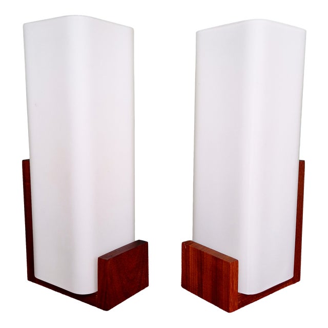 Teak and Satin White Opaline Wall Lights by Louis Kalff for Philips, 1960s, Set of 2 For Sale