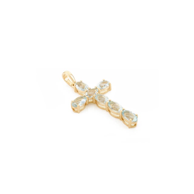 Contemporary Handcrafted Aquamarine Cross Pendant for Mom Made in 14k Yellow Gold For Sale - Image 3 of 9