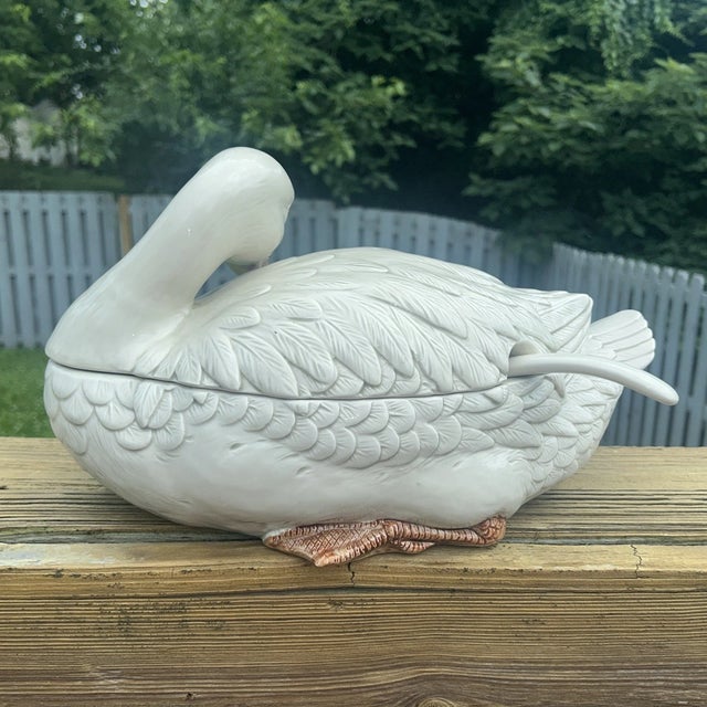 Ceramic Vintage 1976 Fitz & Floyd Ceramic Goose Swan Soup Tureen W/ Ladle Spoon For Sale - Image 7 of 10