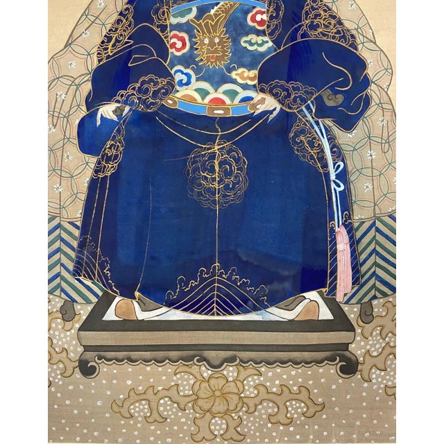Blue Antique Chinese Imperial Emperor Ancestral Painting on Silk For Sale - Image 8 of 8