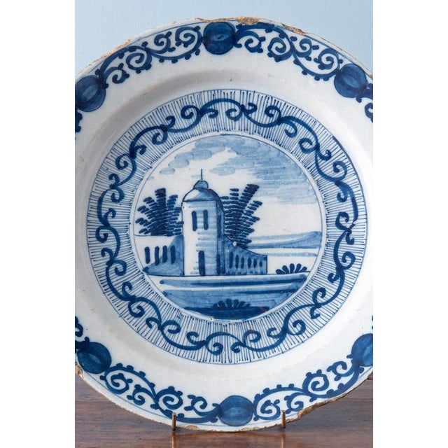 18th Century Dutch Delft Blue and White Landscape Dishes, Set of 2 For Sale - Image 3 of 12