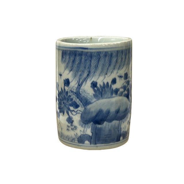 Asian 3.75" Vintage Fade Blue White Graphic Small Porcelain Holder For Sale - Image 3 of 10