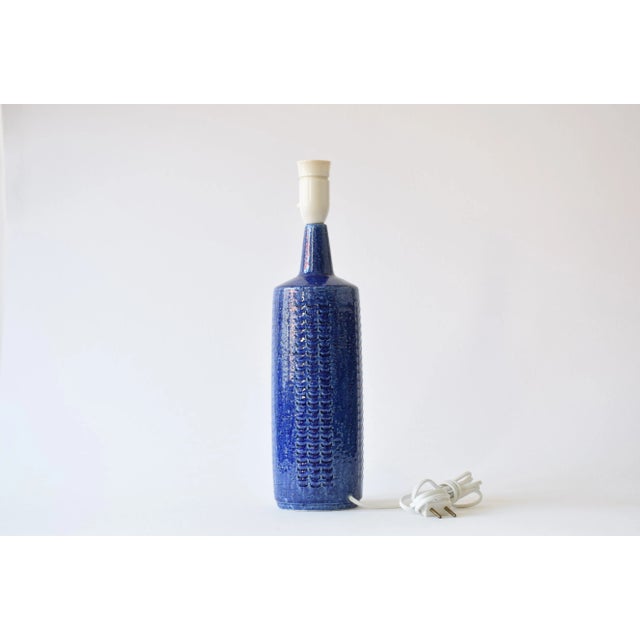 Danish Table Lamp with Cobalt Blue Glaze and Lampshade from Palshus, 1960s For Sale - Image 4 of 10