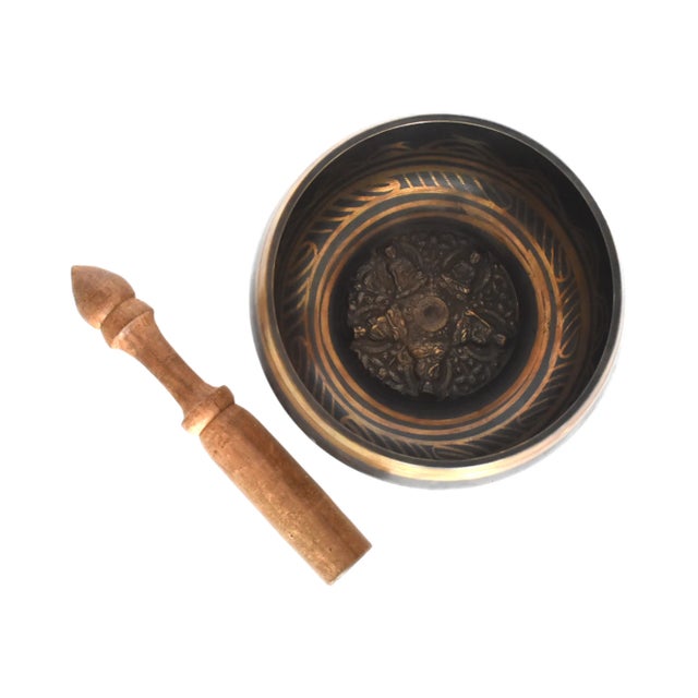 Tibetan Brass Singing Bowl With 5 Dhyani Buddhas For Sale - Image 4 of 7