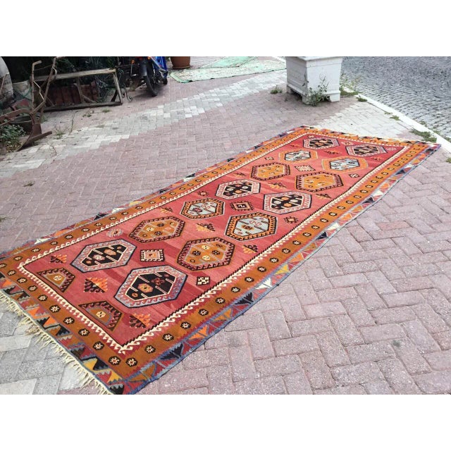 This beautiful, vintage, handwoven Kilim is approximately 60 years old. It is handmade of very fine quality wool in all...