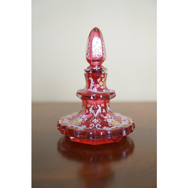 Victorian Antique Bohemian Cranberry Glass Enameled Perfume Bottle, 19th. Century For Sale - Image 3 of 10