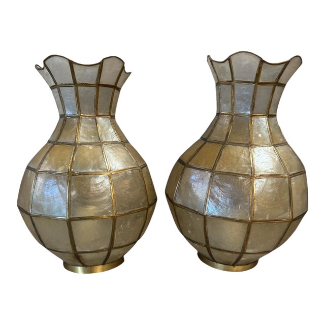 Pair of Capiz Shell and Brass Wall Sconces Small, 1970s For Sale
