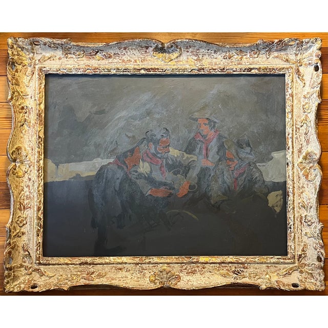 Matthew Benedict (American 1968) Impressionist Gouache Painting Depicting an Interior Scene of Men Seated at a Table For Sale - Image 9 of 11