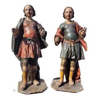 Polychrome Carved Saint Statues, 17th Century, Wood For Sale