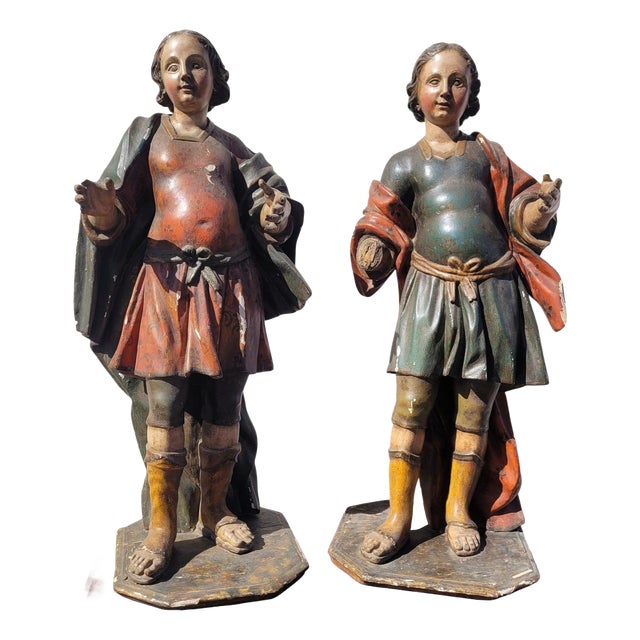 Polychrome Carved Saint Statues, 17th Century, Wood For Sale