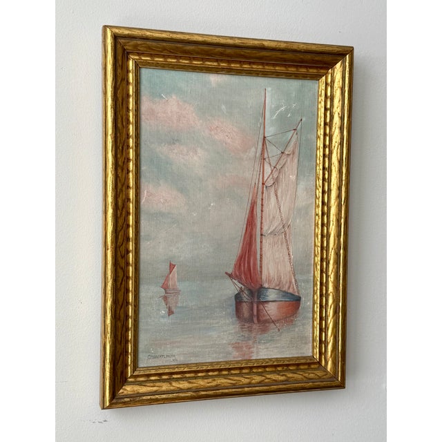 Textile 1936 Dreamlike Art Deco Seascape by c.m. Brentlinger, Oil on Canvas, Framed For Sale - Image 7 of 14