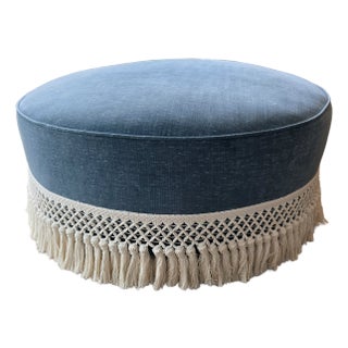 Upholstered Round Ottoman in Velvet With Bullion Trim For Sale