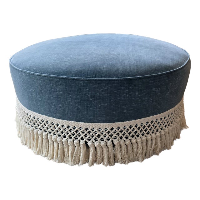 Upholstered Round Ottoman in Velvet With Bullion Trim For Sale