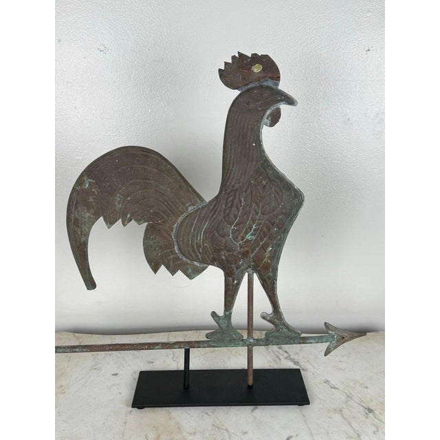 Folk Art Rooster Copper Weathervane on Iron Base For Sale - Image 3 of 9