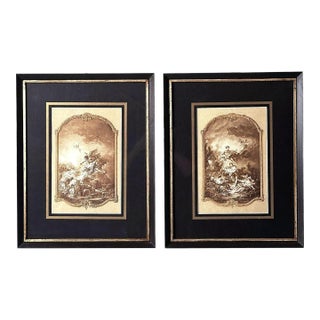 Mid 19th Century Rococo Style Pair of French Lithographs With Italian Wooden Frames Gold Accents For Sale