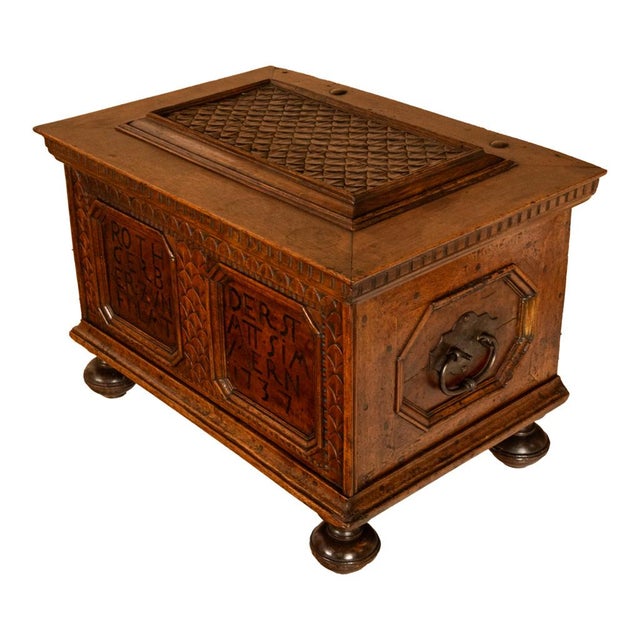 Antique Carved Walnut & Iron Coffer Chest Strong Guild Box Simmern Germany 1737 For Sale - Image 10 of 18
