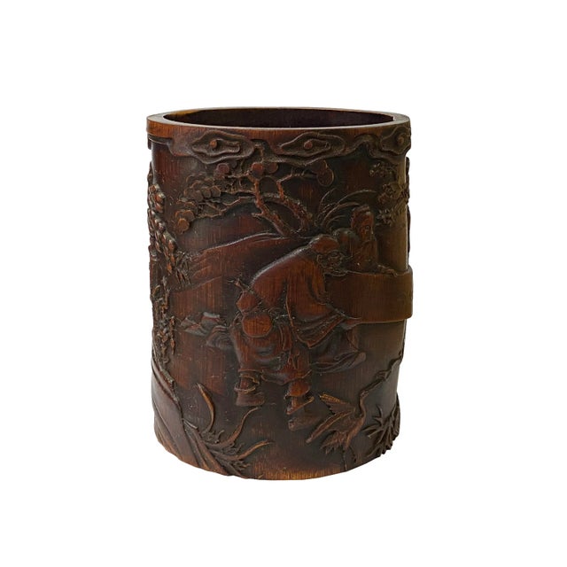 Chinese Bamboo Relief Scholars Motif Carving Brush Pen Holder Art For Sale - Image 4 of 7
