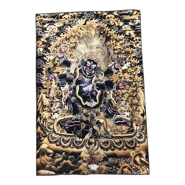 Mid 20th Century Xizang Embroidery and Brocade Thangka Buddha Painting - Wrathful Deity Protector Wall Art - Hand Painted Buddhist Sacred Scroll For Sale